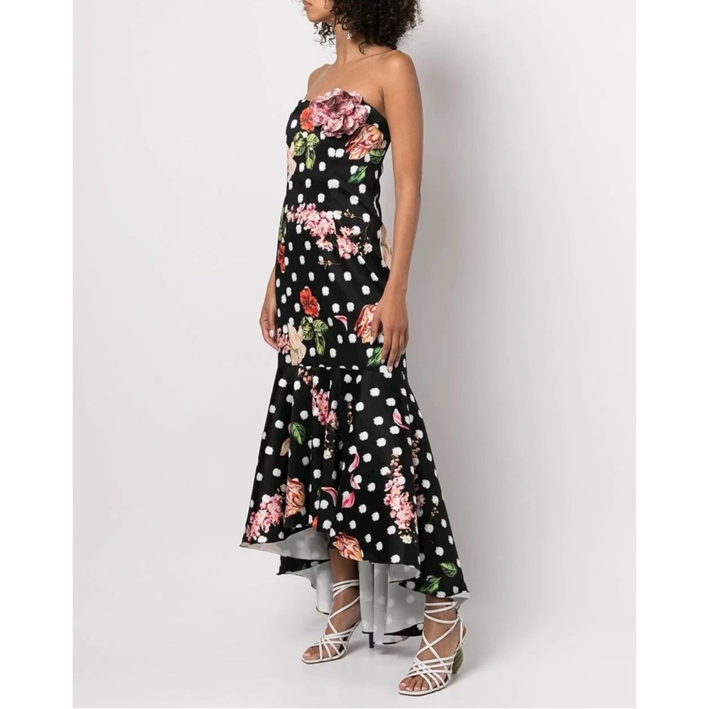 Marchessa Notte Black Floral Polka Dot Strapless High Low Formal Maxi Dress Gown